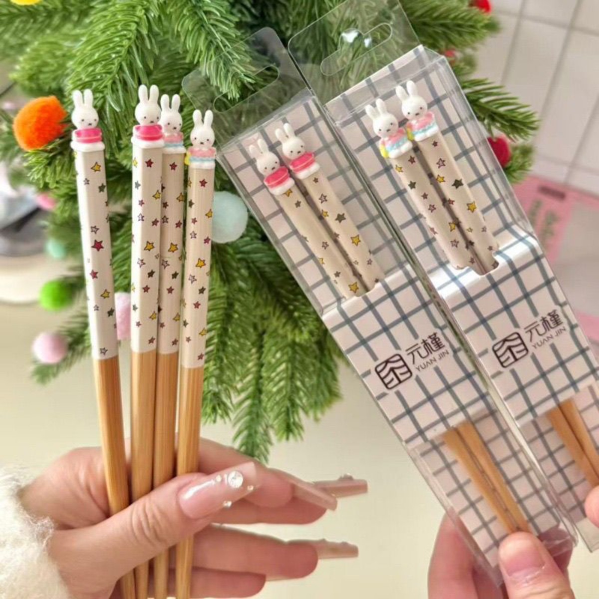 3D Printing Bambu - かわいいミッフィーうさぎ箸 キュートな漫画ミッフィーうさぎ星柄カバー 3Dミッフィーうさぎ竹と木製箸ギフトセット