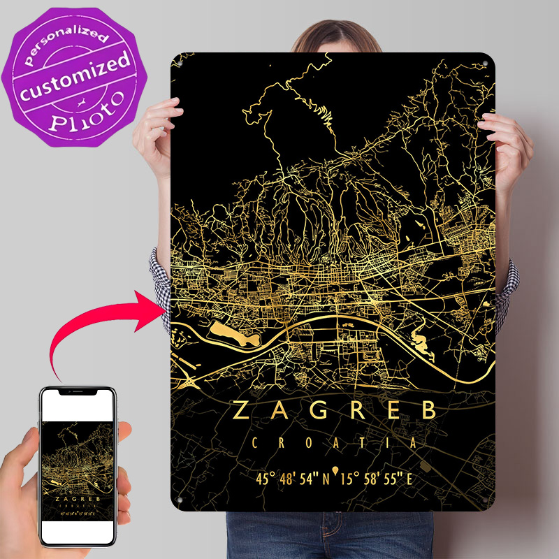 3D Printing Zagreb - ザグレブ地図クロアチア3Dテクスチャプリントポスターカスタムヴィンテージメタルティンプレートサイン壁掛けアートモダンホームデコレーション高級ルーム用