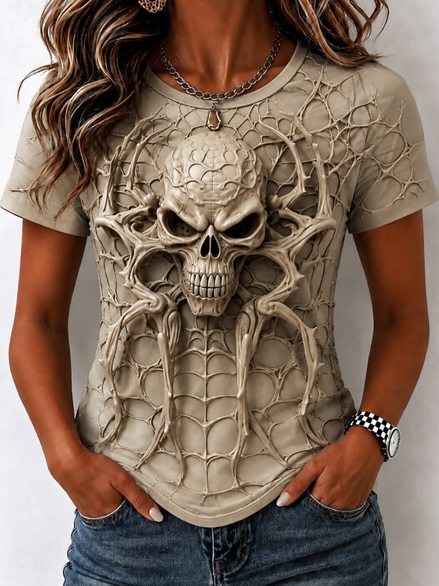 3D Printing Web - 女性用春夏3DプリントクルーネックTシャツ、スパイダーウェブジャイアント3Dスカルダークホラーゴシックストリートグラフィックトップ
